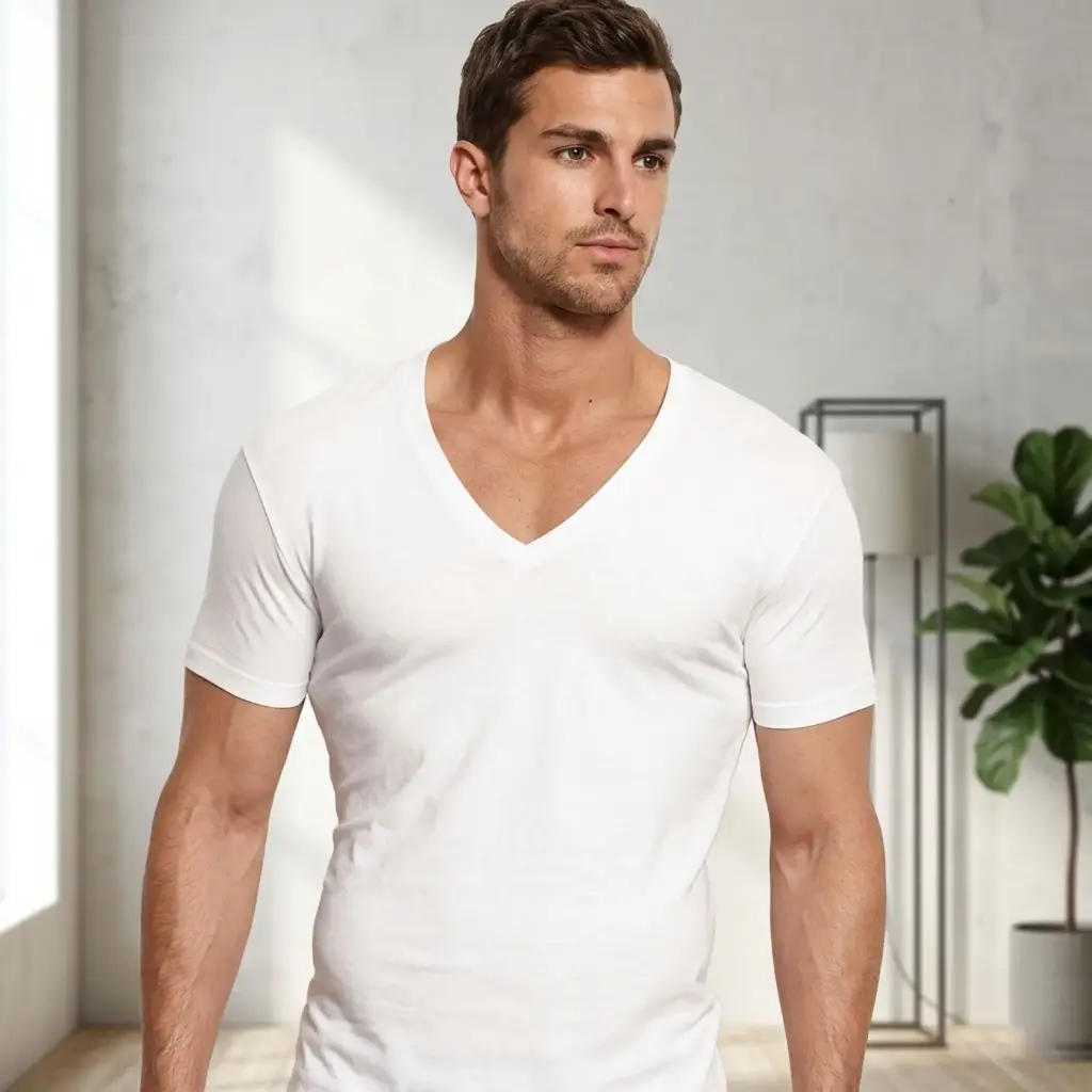 360 COTTON  UNDERVEST V-NECK (WHITE)MEN -SMALL