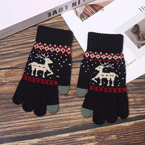 360 COTTON GLOVES KNITTED BLACK FESTIVE PATTERN