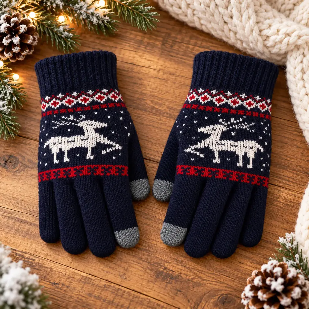 360 COTTON GLOVES KNITTED BLACK FESTIVE PATTERN