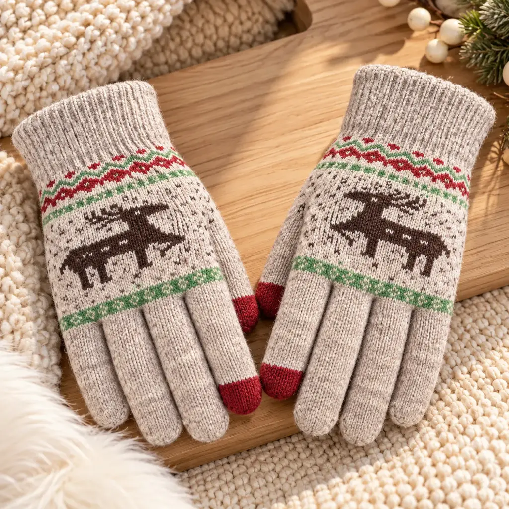 360 COTTON GLOVES KNITTED GREIGE FESTIVE PATTERN