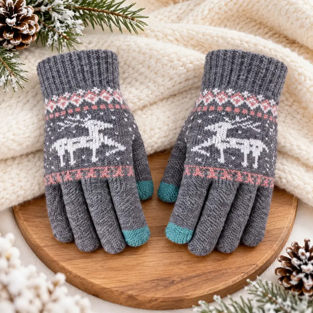 360 COTTON GLOVES KNITTED GREY FESTIVE PATTERN