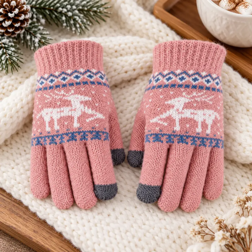 360 COTTON GLOVES KNITTED PINK FESTIVE PATTERN