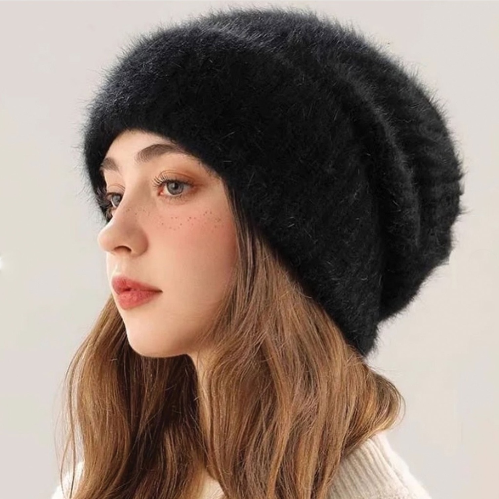 360 COTTON HAT WOMAN BERET STYLE SOFT FUZZY BLACK