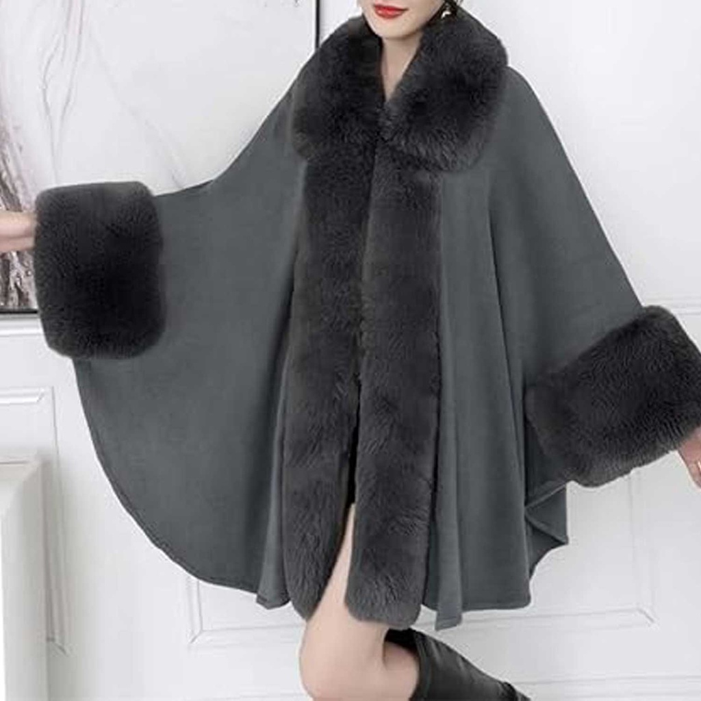 360 COTTON PONCHO ANTRACITE WOOL BLEND WITH FAUX F