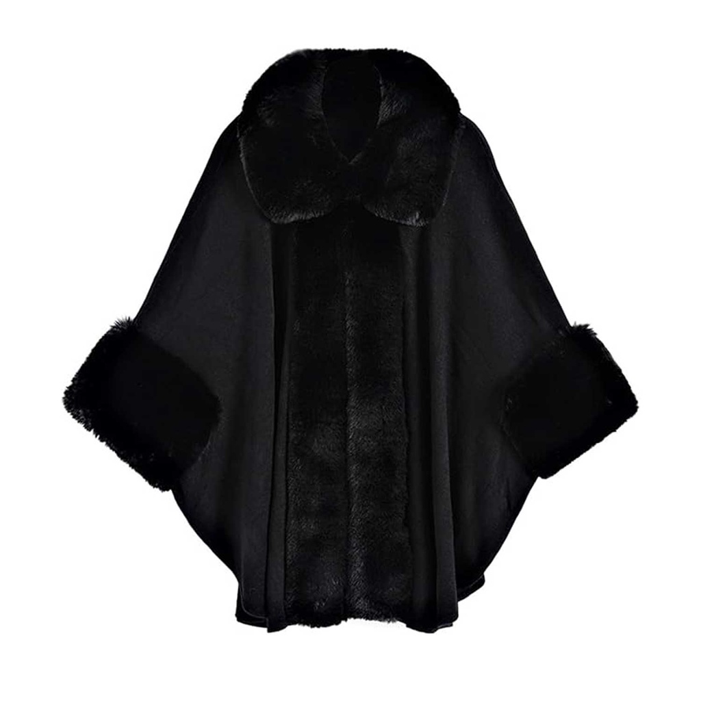 360 COTTON PONCHO BLACK FAUX FUR TRIM