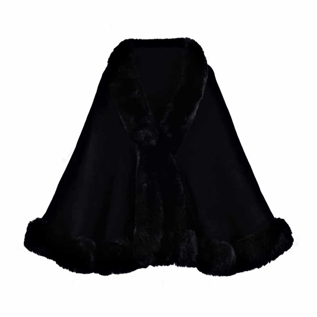 360 COTTON PONCHO BLACK OPEN FRONT FAUX FUR COLLAR