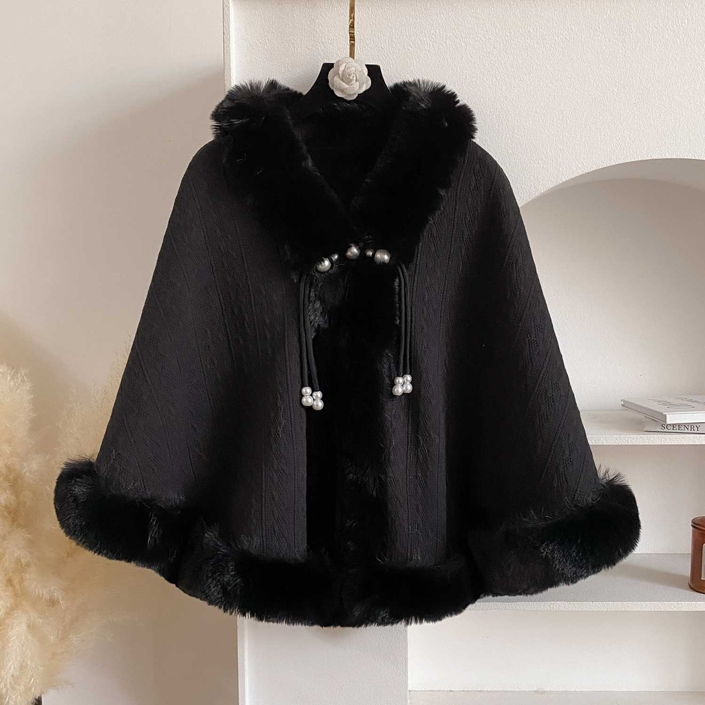 360 COTTON PONCHO BLACK THICK FUR TRIM ALONG EDGE