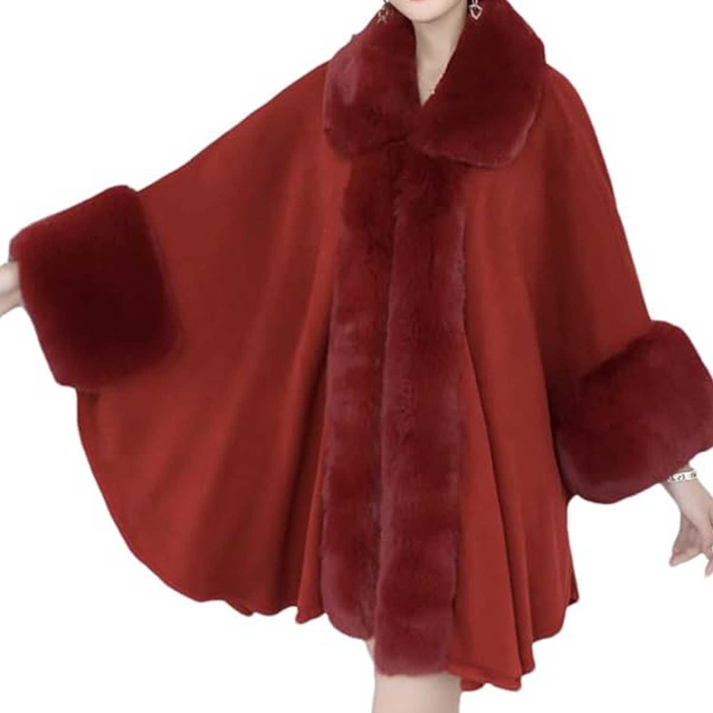 360 COTTON PONCHO BURGUNDY WOOL BLEND WITH FAUX FU