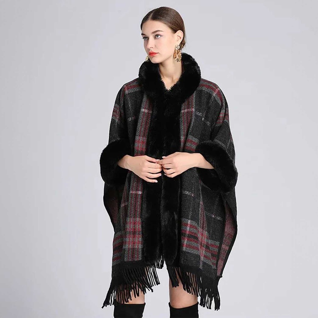 360 COTTON PONCHO CLASSIC PLAID BLACK & GREY