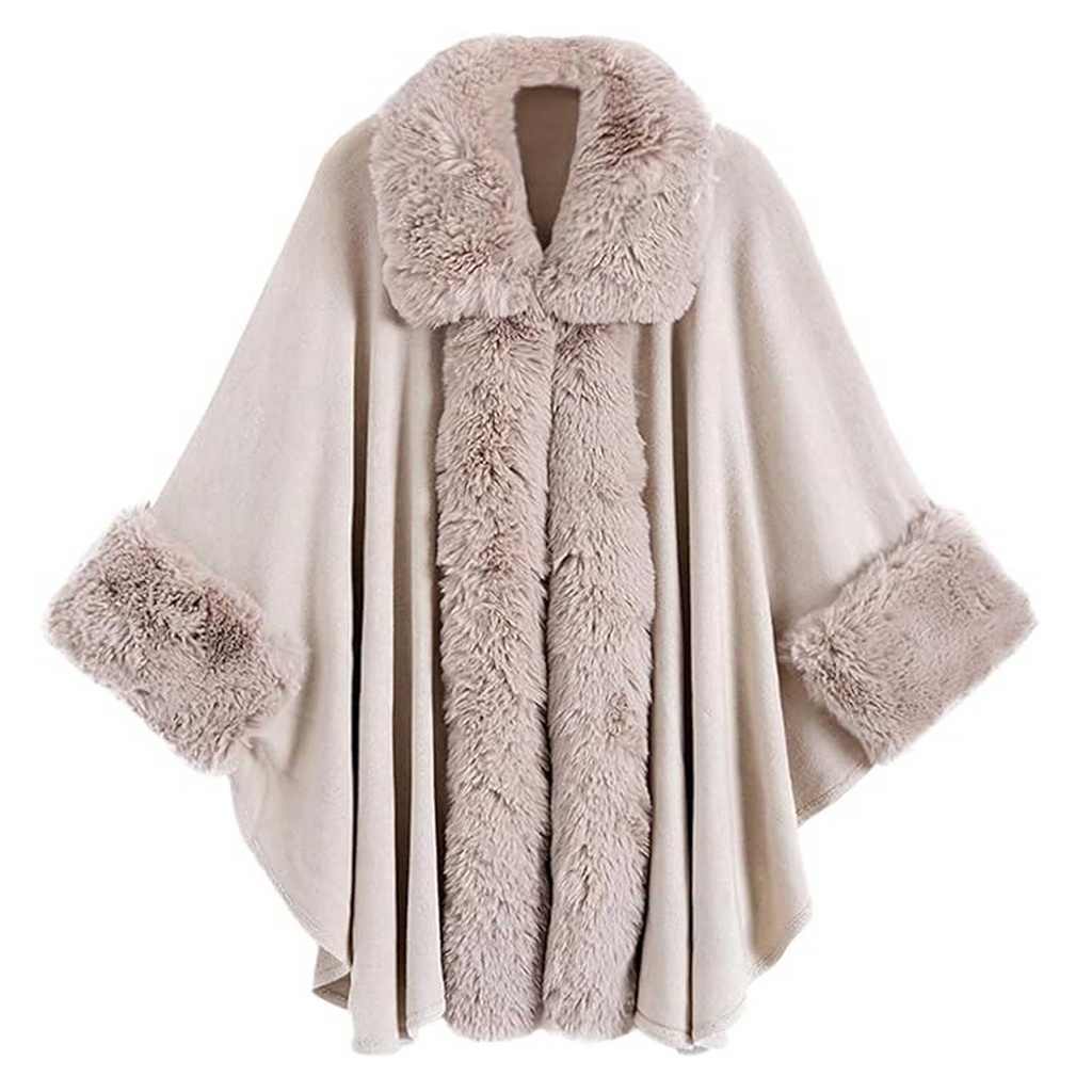 360 COTTON PONCHO GREIGE FAUX FUR TRIM