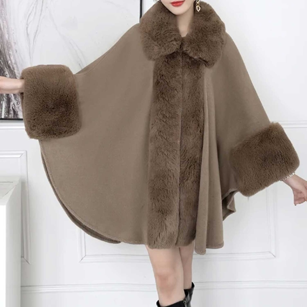 360 COTTON PONCHO KAKI WOOL BLEND WITH FAUX FUR