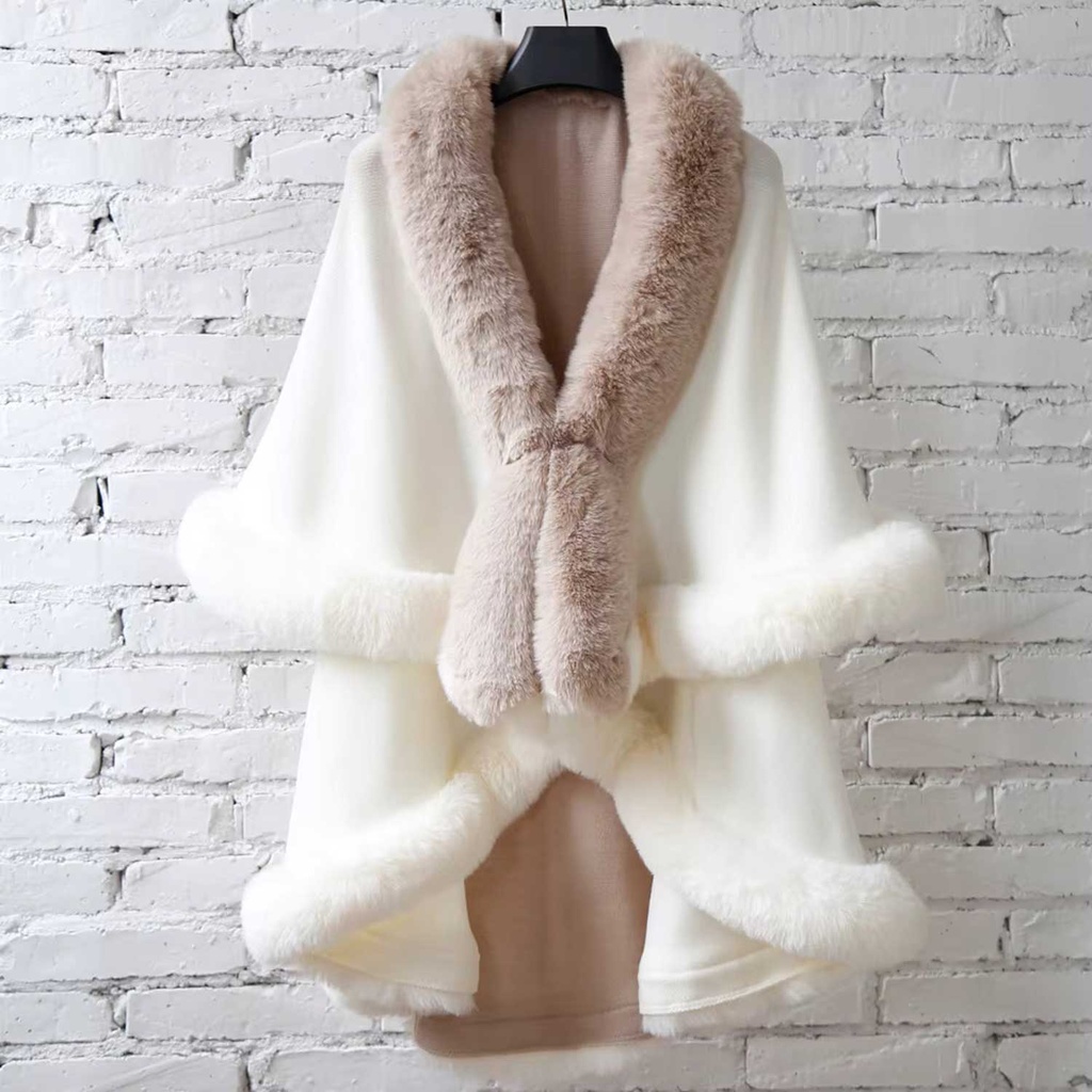 360 COTTON PONCHO OFF-WHITE/GREIGE TRIMMED FLEECE