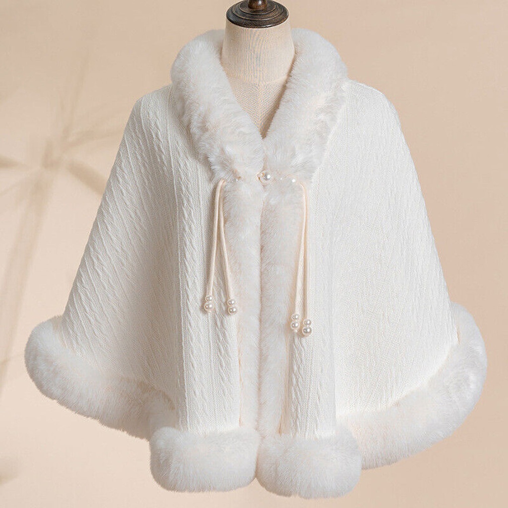 360 COTTON PONCHO WHITE THICK FUR TRIM ALONG EDGE&