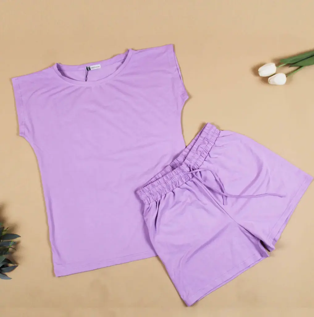 360 COTTON PYJAMA  SHORT+T-SHIRT LIGHT PURLE PLAIN