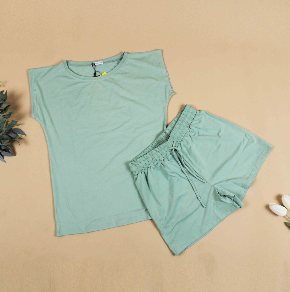 360 COTTON PYJAMA  SHORT+T-SHIRT MINT PLAIN