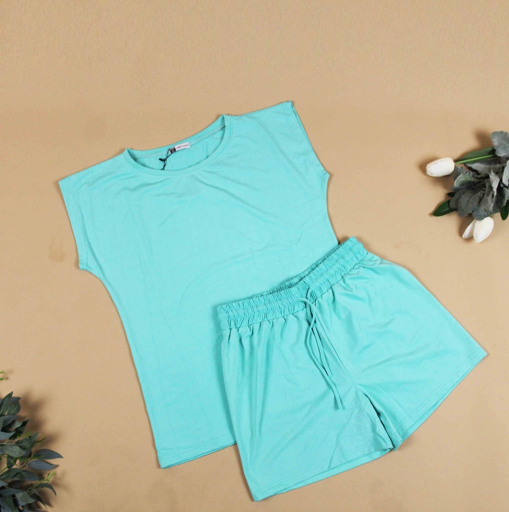 360 COTTON PYJAMA  SHORT+T-SHIRT TURQUOISE PLAIN
