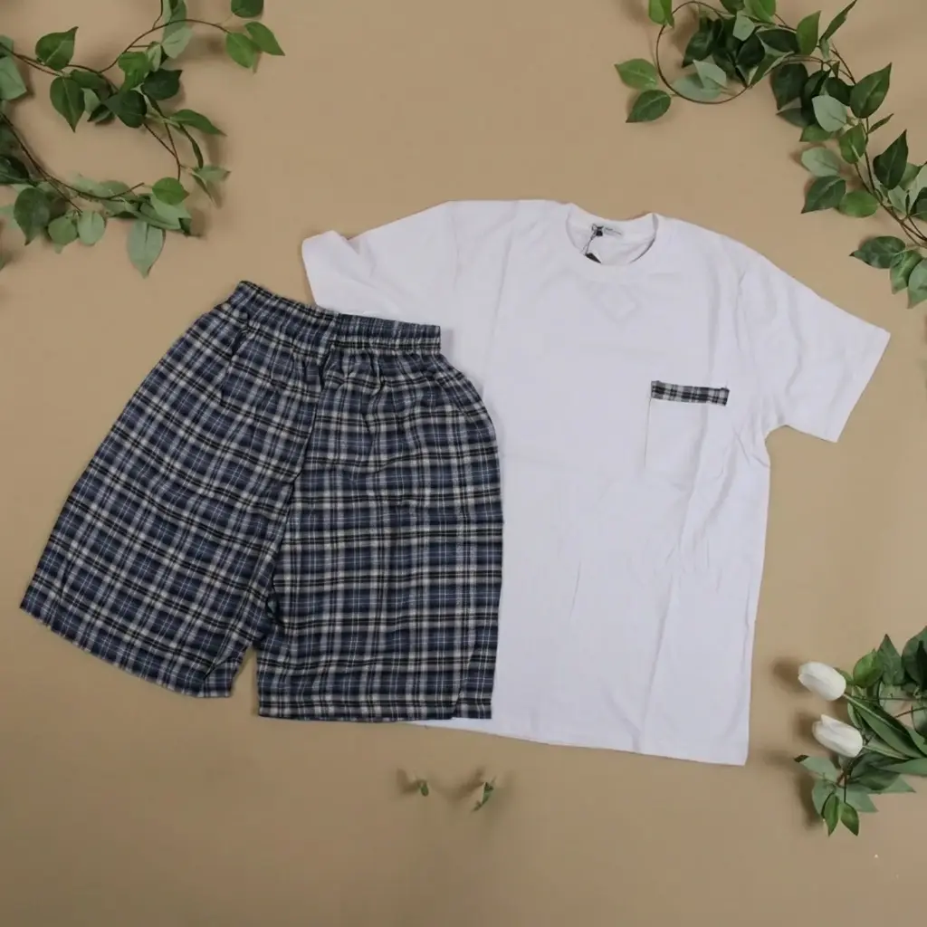 360 COTTON PYJAMA MEN SUMMER  WHITE & NAVY BLUE