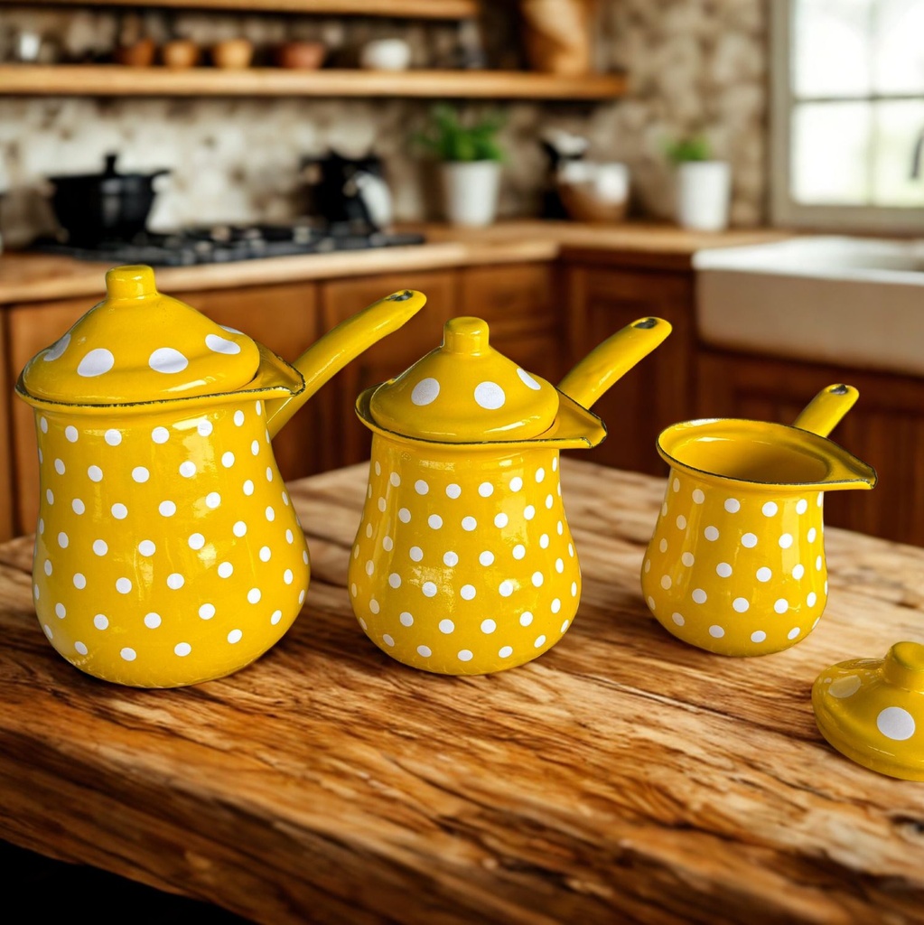 360 HOME COFFE POT BEIGE/WHITE DOTS 8/10/11 ENAMEL