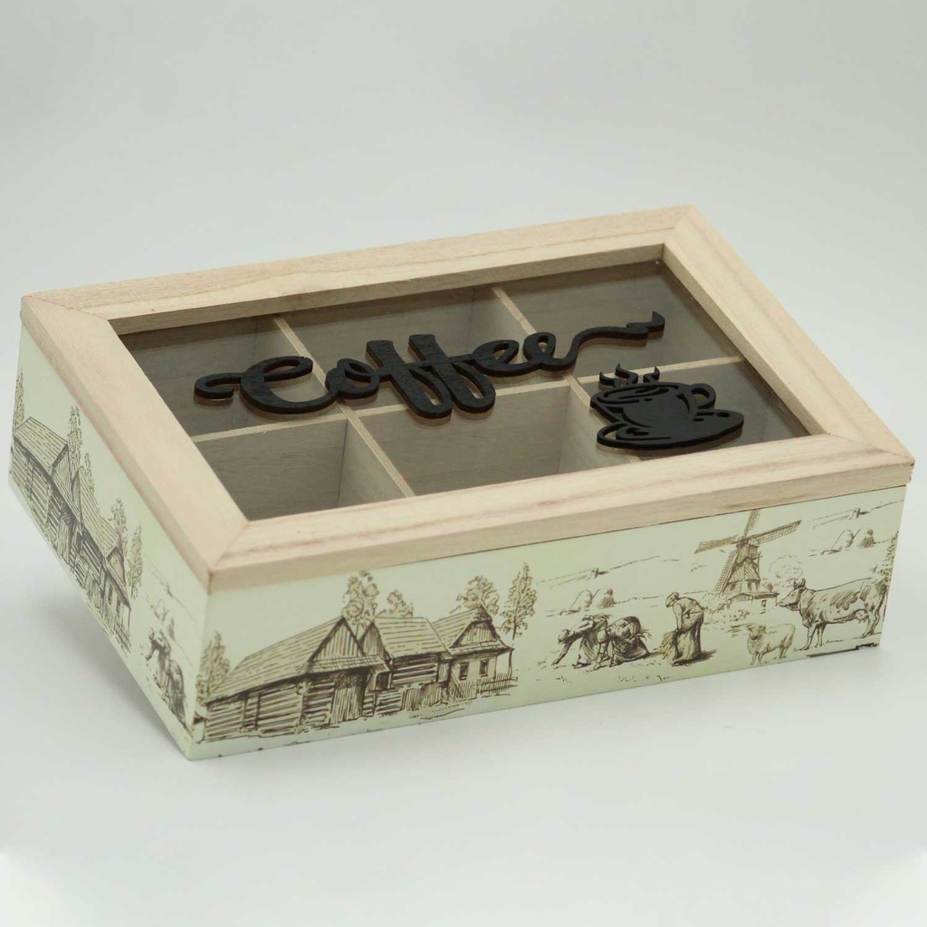 360 HOME GLASS COFFEE BOX WOODEN  24*16*7CM  PRINT