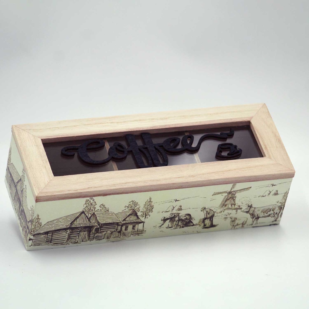 360 HOME GLASS COFFEE BOX WOODEN 24*8.7*7CM PRINTE