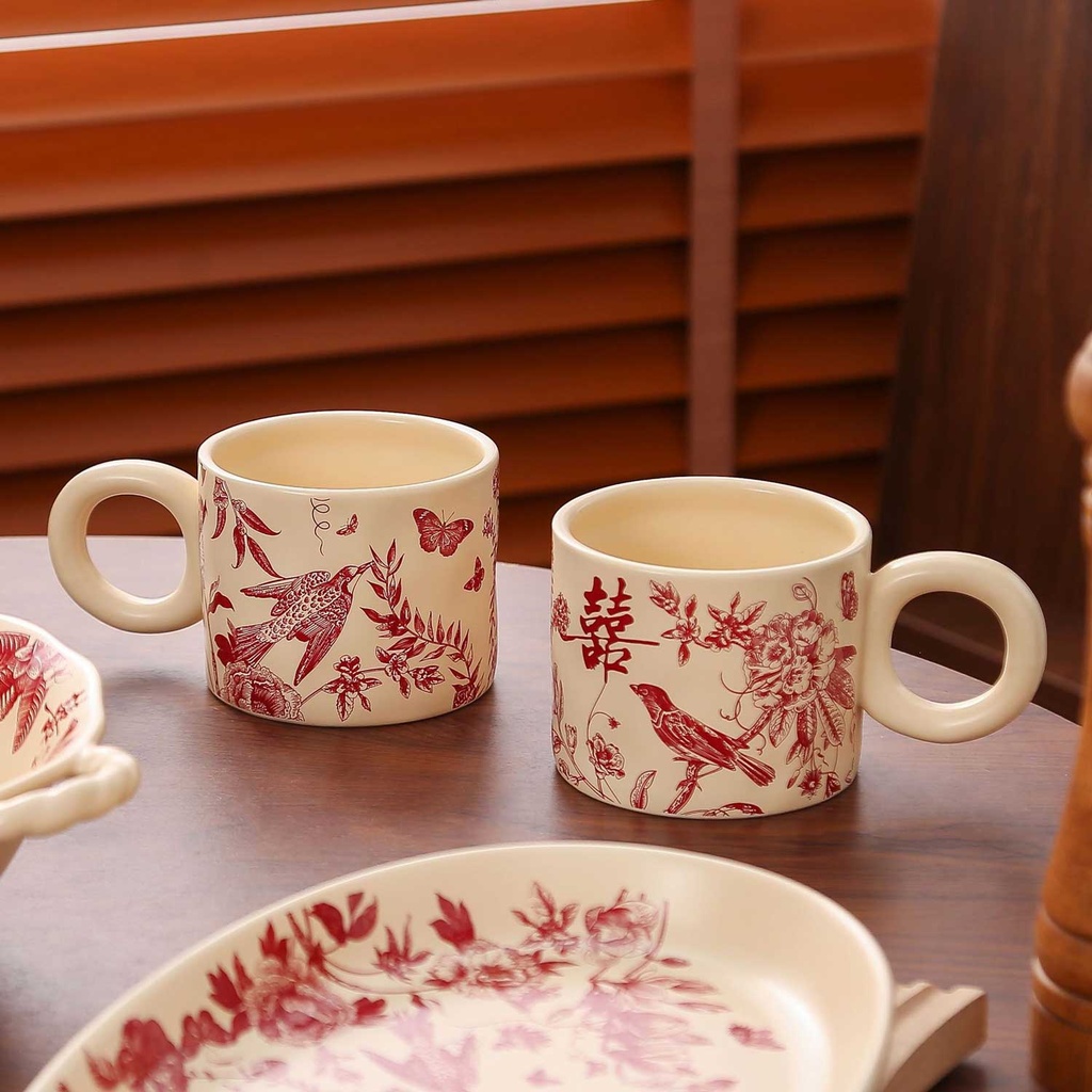 360 HOME MUG CERAMIC SET 2PCS RED BOTANICAL BIRDS