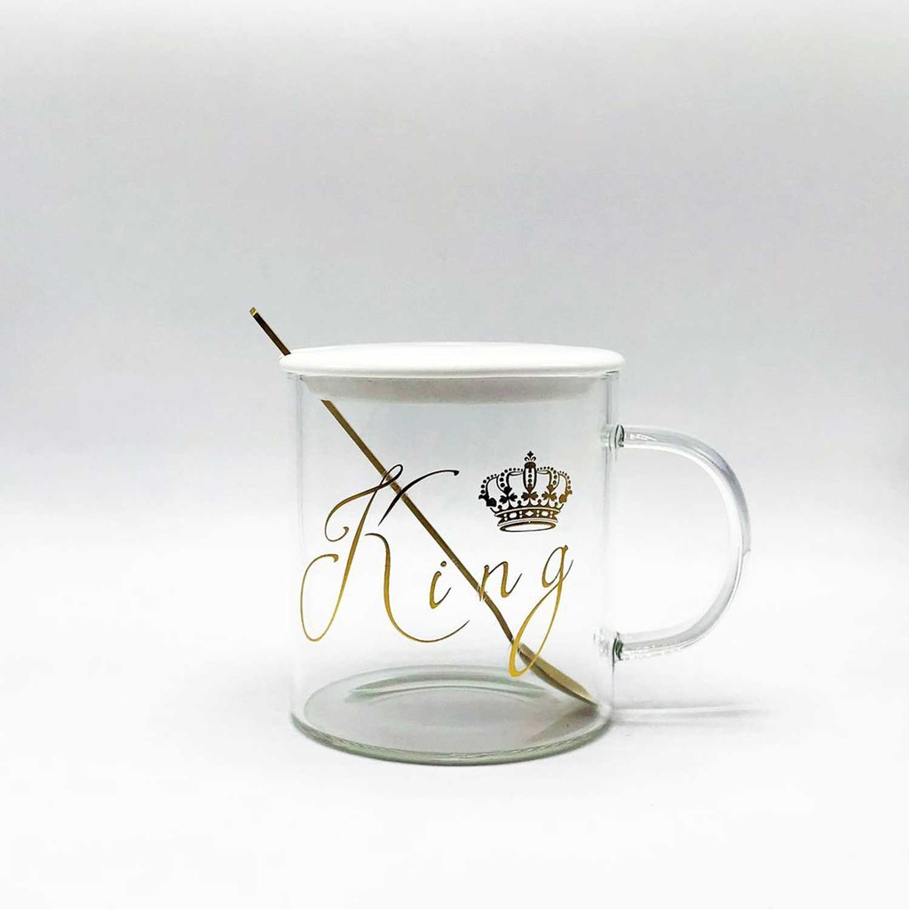 360 HOME MUG GLASS GOLDEN KING PRINTED+LID+SPOON