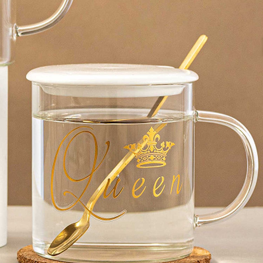 360 HOME MUG GLASS GOLDEN QUEEN PRINTED+LID+SPOON