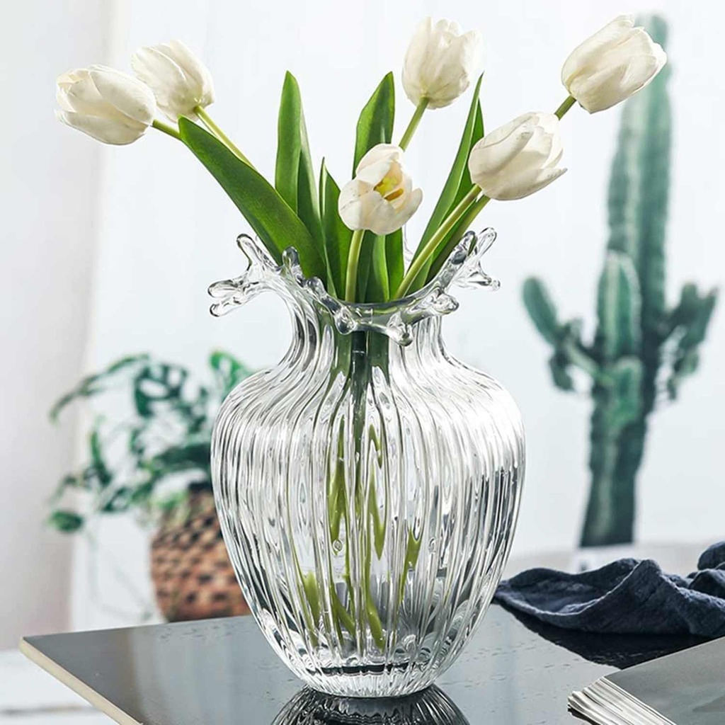 360 HOME VASE GLASS CLEAR 17*28.5 STRIPPED SERRATE