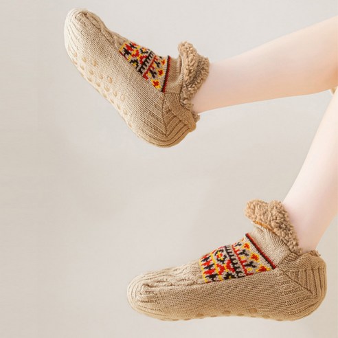 360 COTTON CHRISTMAS SOCKS ANTI SLIP FLUFFY INNER FLEECE KNITTED OUTER DESIGN GEOMETRIC PATTERN KAKI 35-39