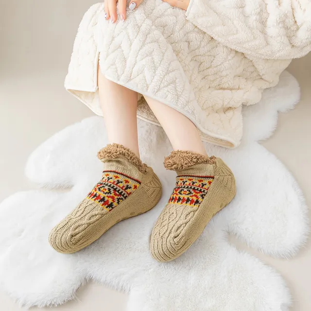 360 COTTON CHRISTMAS SOCKS ANTI SLIP FLUFFY INNER FLEECE KNITTED OUTER DESIGN GEOMETRIC PATTERN KAKI 40-42