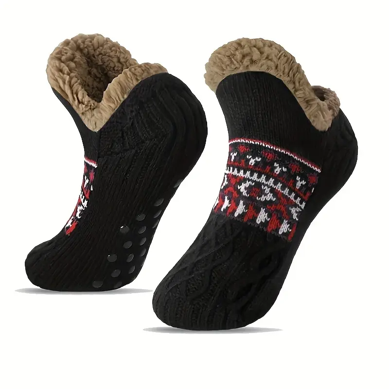 360 COTTON CHRISTMAS SOCKS ANTI SLIP FLUFFY INNER FLEECE KNITTED OUTER DESIGN GEOMETRIC PATTERN BLACK 43-45