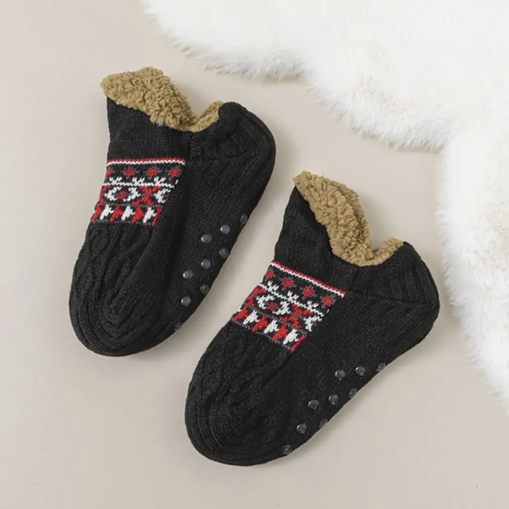 360 COTTON CHRISTMAS SOCKS ANTI SLIP FLUFFY INNER FLEECE KNITTED OUTER DESIGN GEOMETRIC PATTERN BLACK 46-49