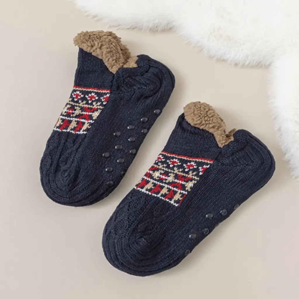 360 COTTON CHRISTMAS SOCKS ANTI SLIP FLUFFY INNER FLEECE KNITTED OUTER DESIGN GEOMETRIC PATTERN NAVY 43-45