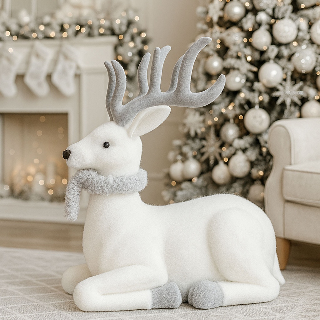 360 HOME CHRISTMAS DECORATION H:50CM REINDEER FIGURINE WHITE RESTING POSE GREY SCARF