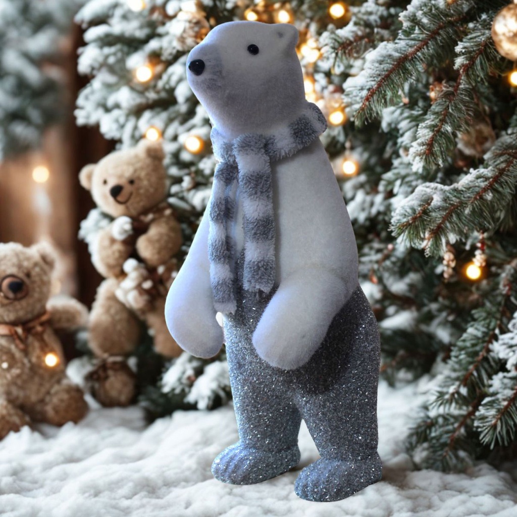 360 HOME CHRISTMAS DECORATION H:65CM POLAR BEAR FIGURINE STANDING  WITH HAT & SCARF SOFT GREY & WHITE STRIPED