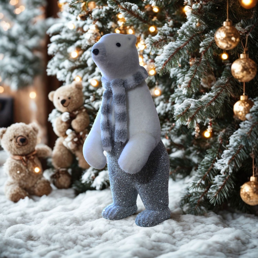 360 HOME CHRISTMAS DECORATION H:42CM POLAR BEAR FIGURINE STANDING  WITH HAT & SCARF SOFT GREY & WHITE STRIPED