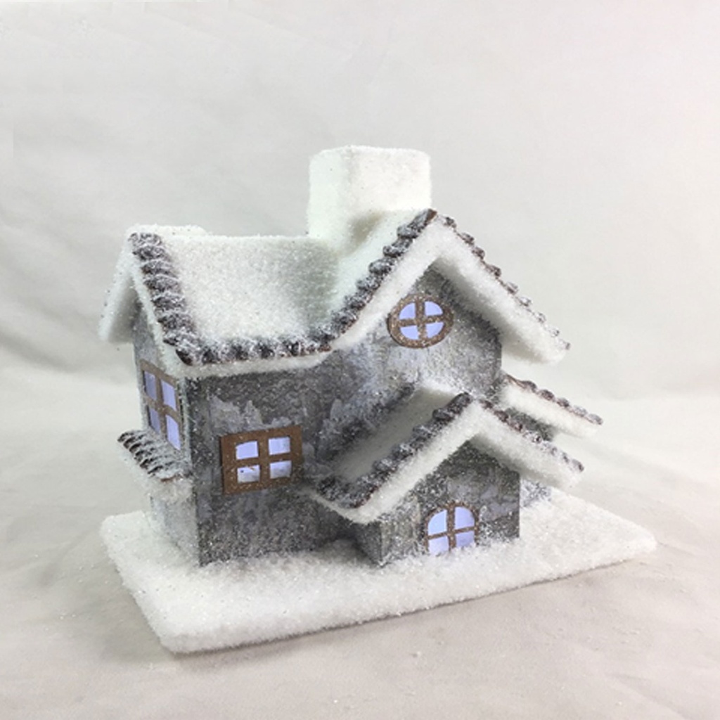 360 HOME CHRISTMAS DECORATION 28X16X31CM DARK GREY SNOW COVERED MINIATURE HOUSE WITH MULTIPLE WINDOWS AND CHIMNEY