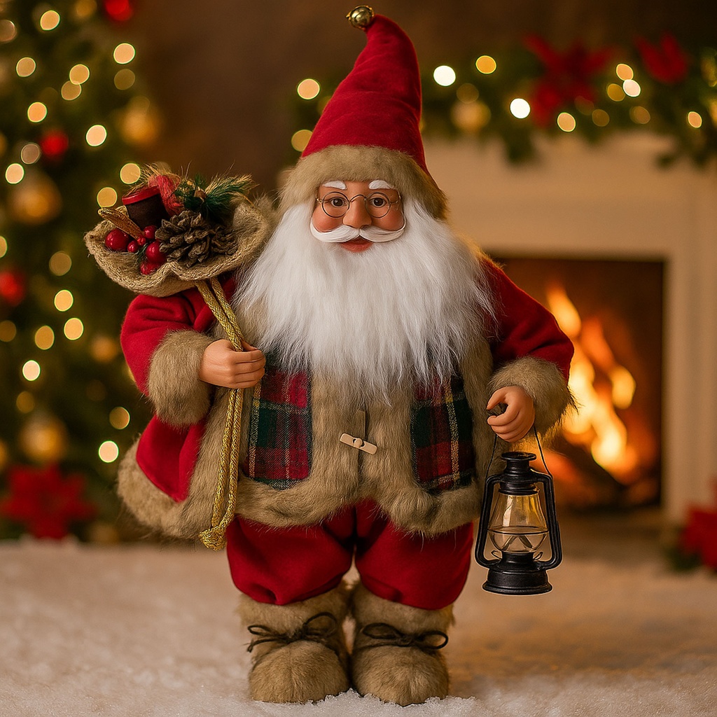 360 HOME CHRISTMAS SANTA PERSONEL CAMEL+RED 24" FULL WHITE BEARD+BAG WITH VARIOUS ITEMS PLASTIC & FABRIC