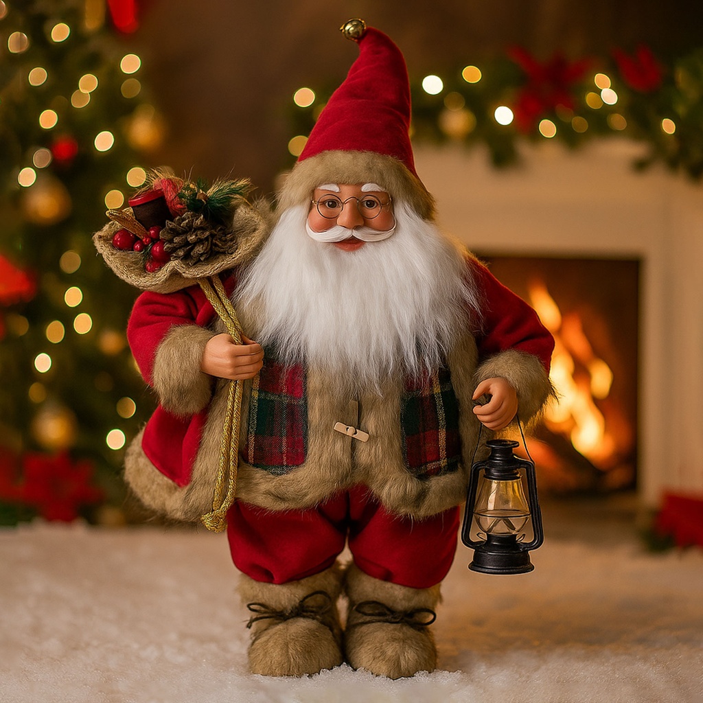 360 HOME CHRISTMAS SANTA PERSONEL CAMEL+RED 12" FULL WHITE BEARD+BAG WITH VARIOUS ITEMS  PLASTIC & FABRIC