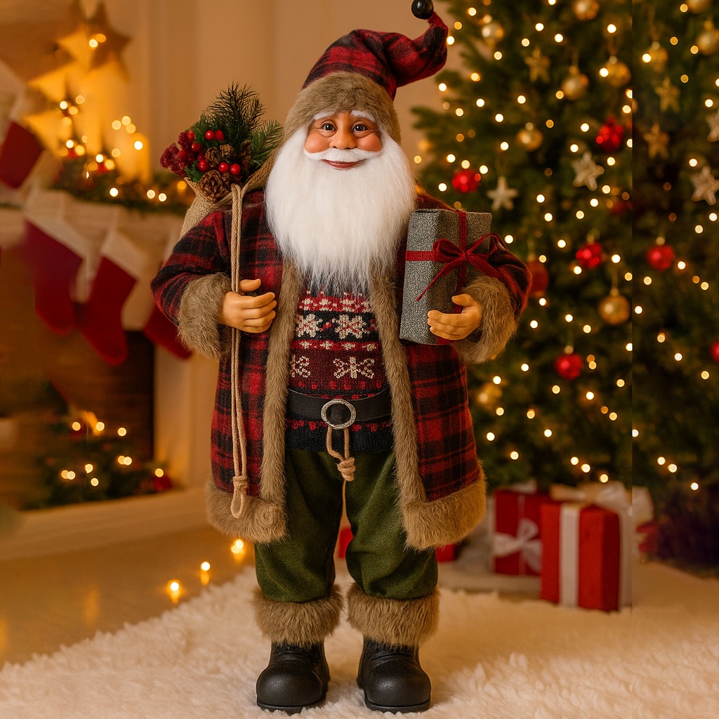 360 HOME CHRISTMAS SANTA PERSONEL RUSTIC STYLE 24" PLAID PATTERN RED GREEN &CREAM PLASTIC & FABRIC