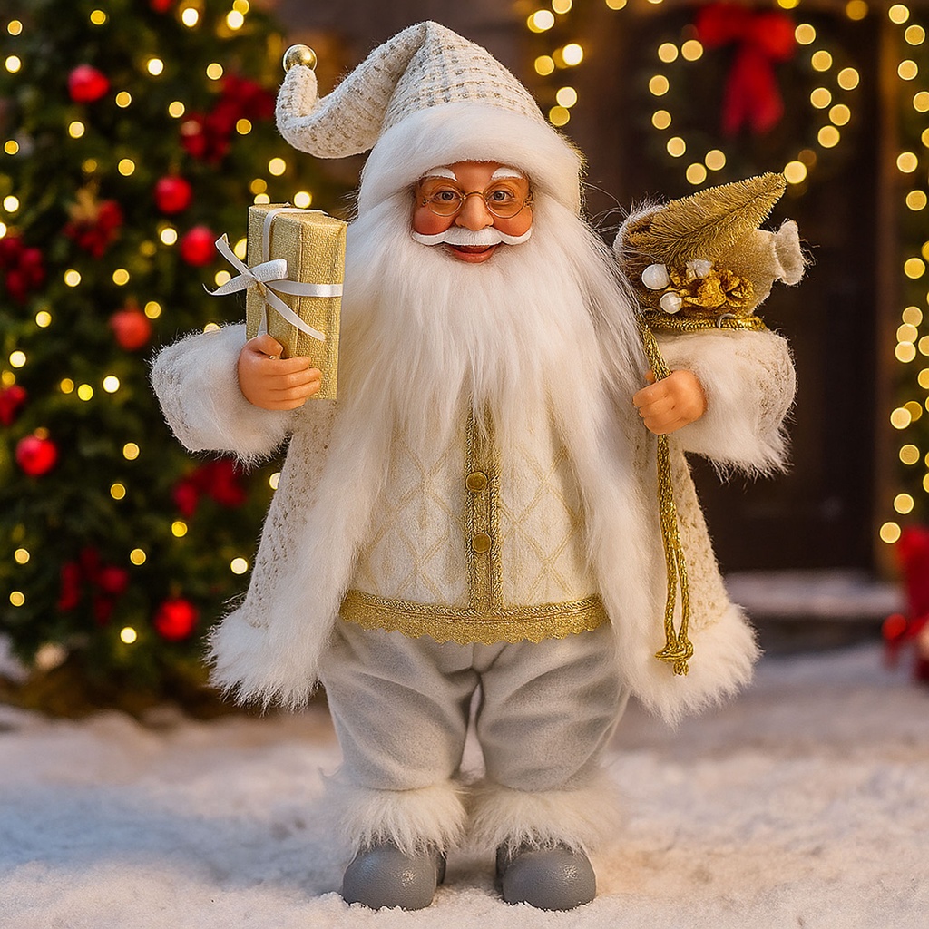 360 HOME CHRISTMAS SANTA PERSONEL 24" WEARING SILVER HOLDING GOLD WRAPPED GIFT PLASTIC & FABRIC