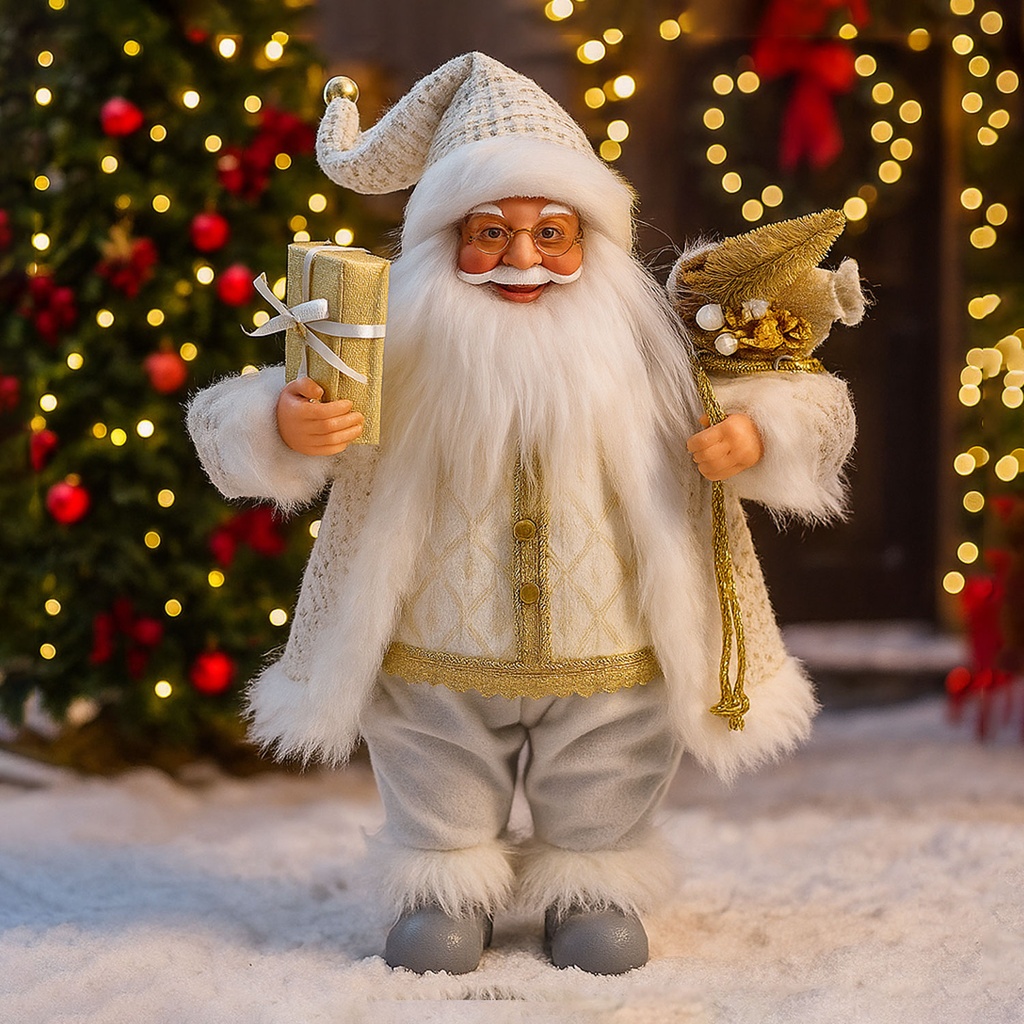 360 HOME CHRISTMAS SANTA PERSONEL 18" WEARING SILVER HOLDING GOLD WRAPPED GIFT PLASTIC & FABRIC