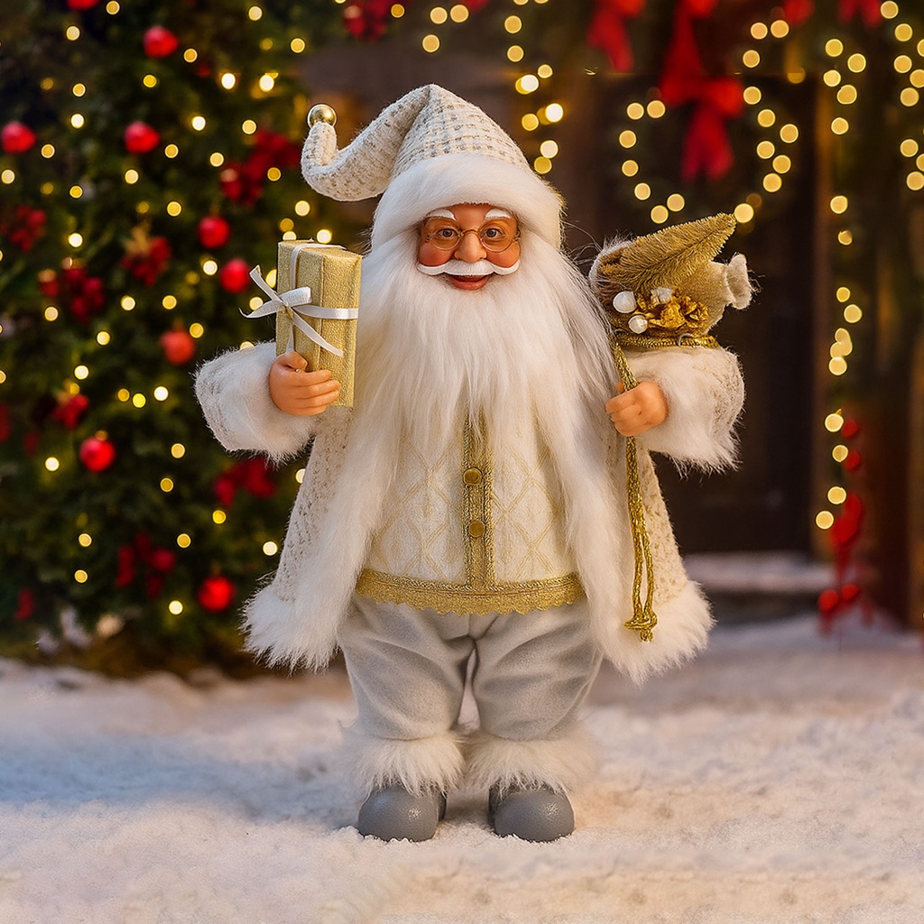 360 HOME CHRISTMAS SANTA PERSONEL 12" WEARING SILVER HOLDING GOLD WRAPPED GIFT PLASTIC & FABRIC