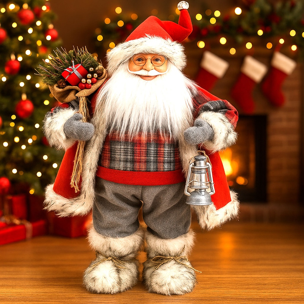360 HOME CHRISTMAS SANTA PERSONEL 12" RED & GREY PLAID GILET & GREY PANT HOLDING BAD ON 1 SHOULDER PLASTIC & FABRIC