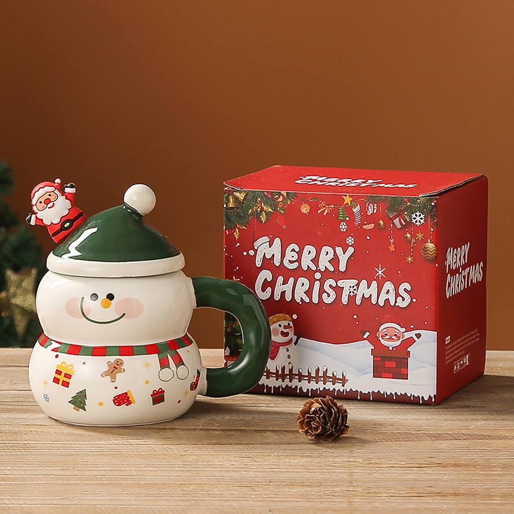 360 HOME CHRISTMAS MUG 400ML+LID&SPOON CERAMIC SNOWMAN CUP 400ML GREEN