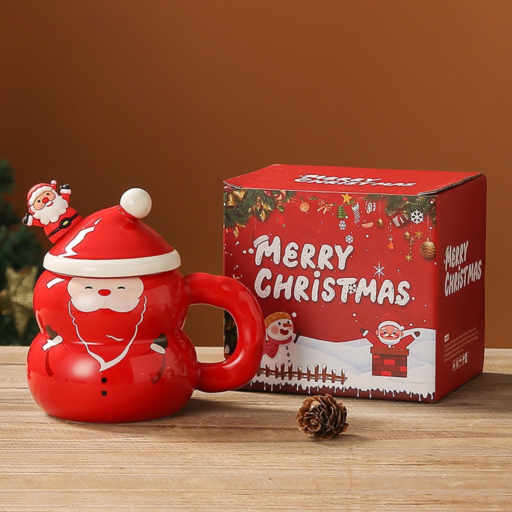 360 HOME CHRISTMAS MUG 400ML +LID&SPOON CERAMIC SANTA  CUP 400ML RED