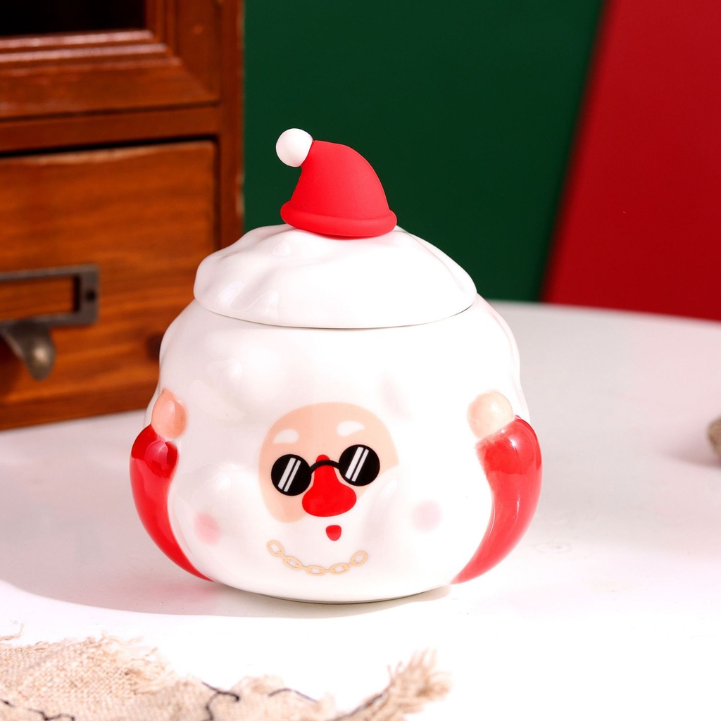 360 HOME CHRISTMAS MUG 430ML SANTA FACE WITH EYEGLASSES WITH LID SANTA'S HAT+SPOON