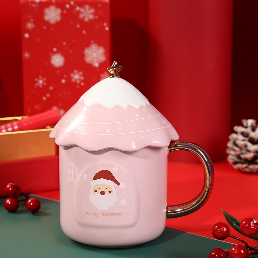 360 HOME CHRISTMAS MUG CERAMIC PINK 301-400ML + SNOWY LID+ GOLDEN STAR ON TOP