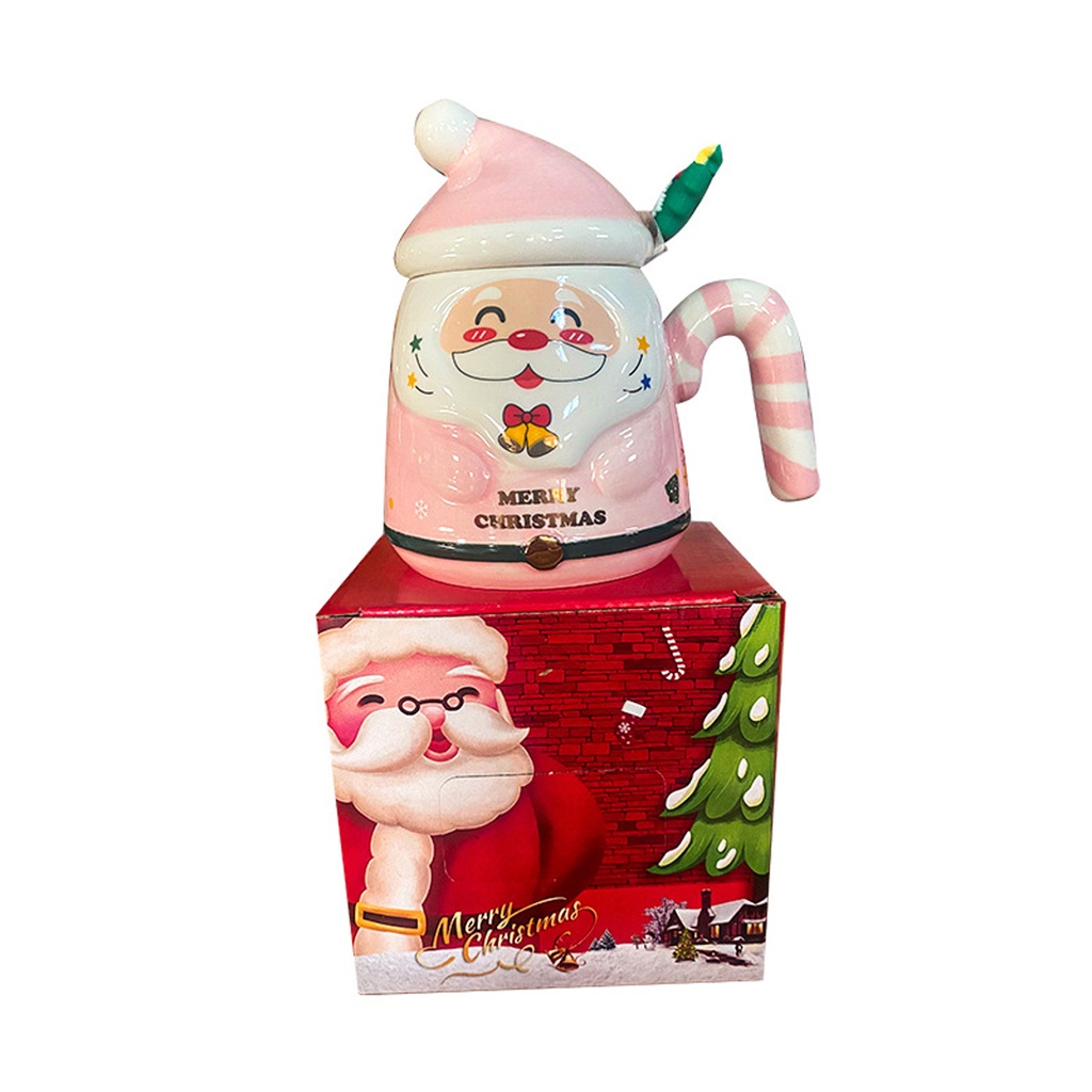 360 HOME CHRISTMAS MUG CERAMIC SANTA FACE PINK 401-500ML STRIPPED HANDLE+SPOONRED