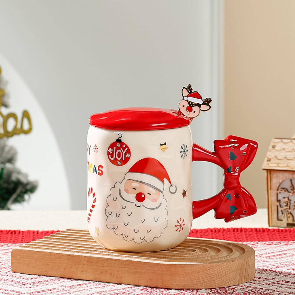 360 HOME CHRISTMAS MUG CERAMIC 401-500ML SANTA DESIGN+MATCHING SPOON+RED BOW HANDLE